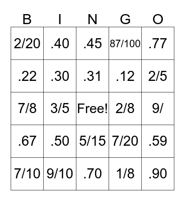 Fractions to decimals to Fractions Bingo Card