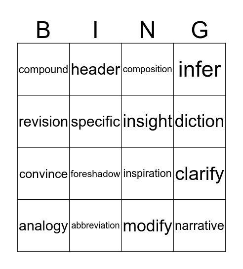 Unit 3 (Writing) Vocabuary Bingo Card