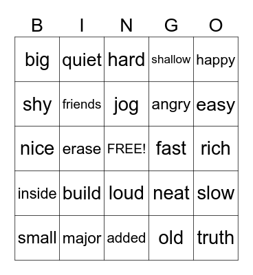 Antonym Bingo Card