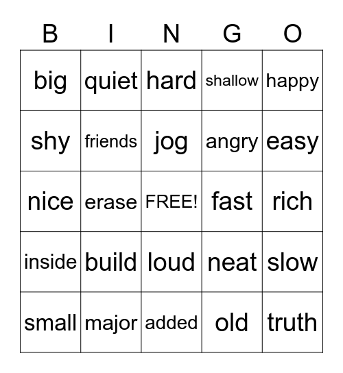 Antonym Bingo Card