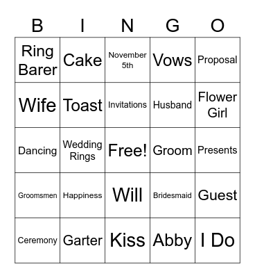 Bridal Bingo Card