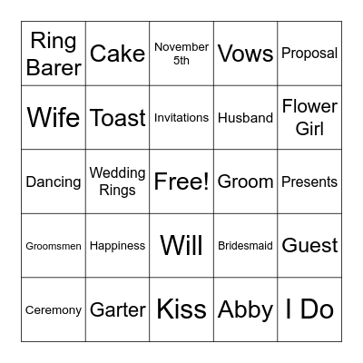 Bridal Bingo Card