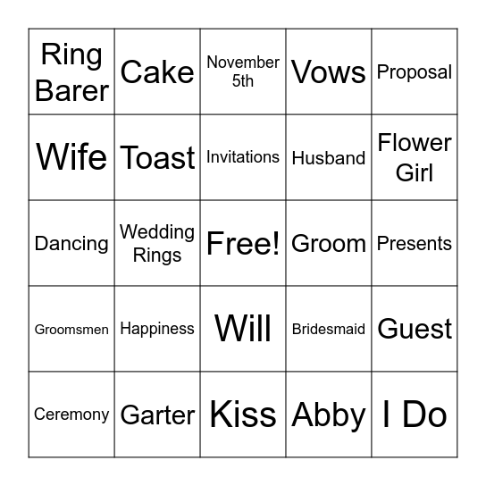 Bridal Bingo Card