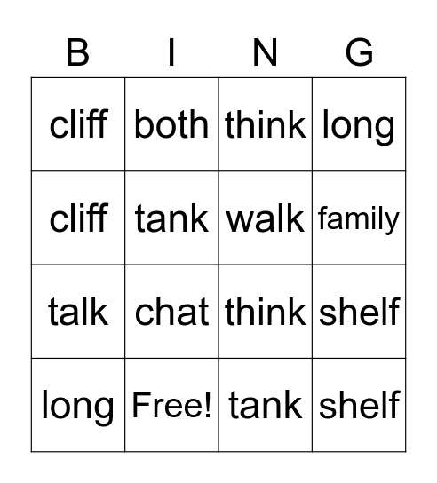 Spelling Words Bingo Card