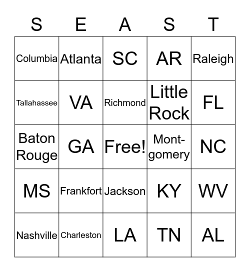 The Southeast Bingo Card