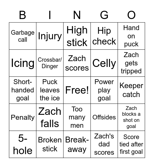 Zach's Hockey Bingo Card