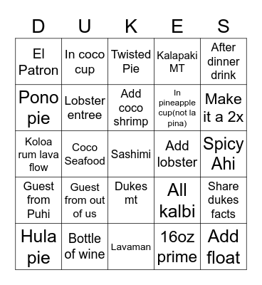 Dukes Bingo Card