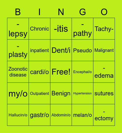 Pre Med/ Pre Vet Club Bingo Card