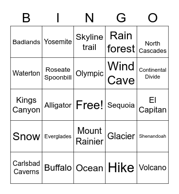 National Parks Bingo Card