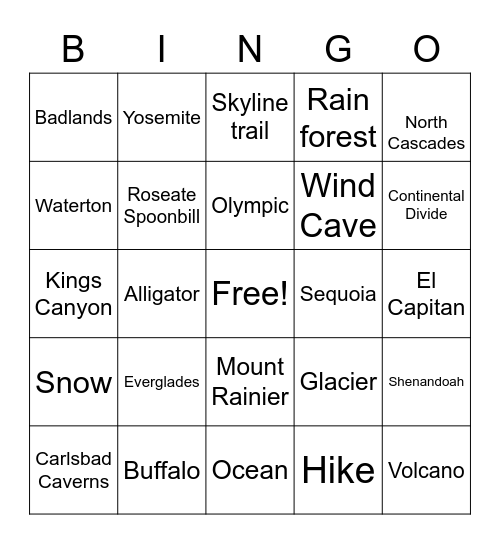 National Parks Bingo Card