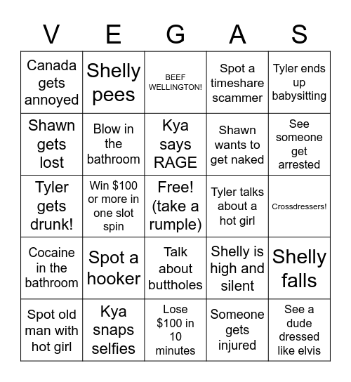 Vegas Sluts Bingo Card