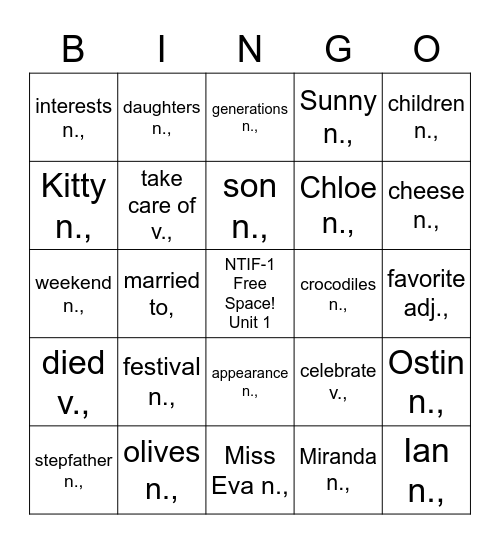 NTIF-1 Vocabulary Review Unit 1 Bingo Card
