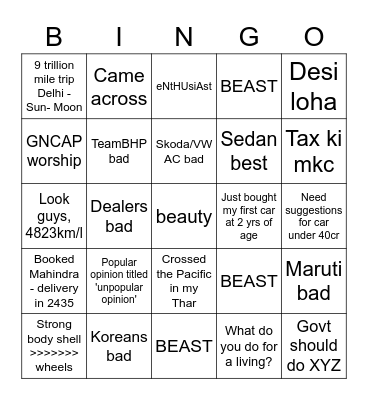 r/CarsIndia Bingo Card