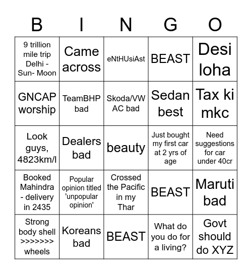 r/CarsIndia Bingo Card