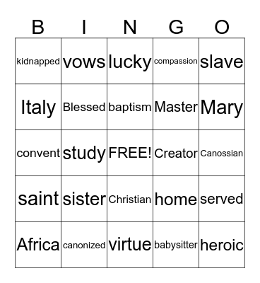 St. Josephine Bakhita Bingo Card
