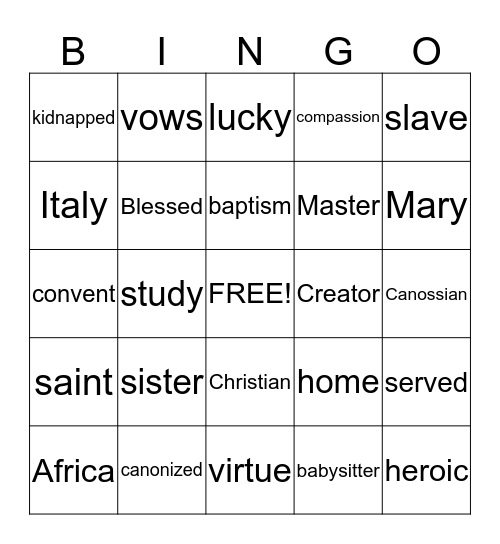 St. Josephine Bakhita Bingo Card
