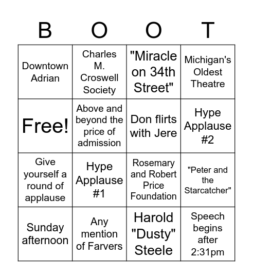 The Croswell - Kinky Boots Bingo Card