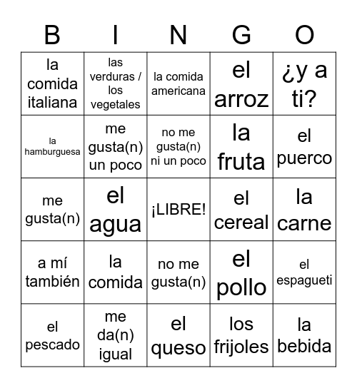 Spanish 1: Unit 2 - Lesson A Bingo Card