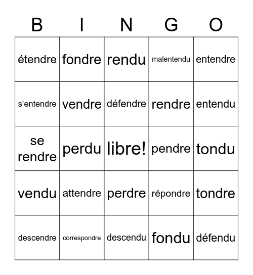 RE verbs in French Bingo Card