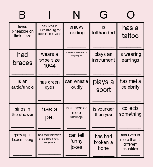 Getting to know each other! Bingo Card