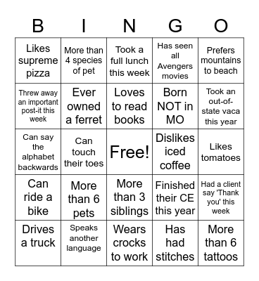CCAH Team Bingo Card
