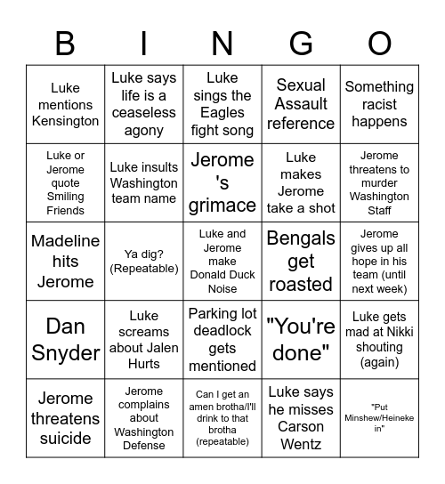 Luke and Jerome's Foozball Extravaganza Bingo Card