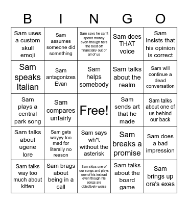 Sam bingo Card