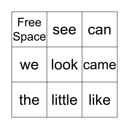 Sight Word Bingo Card