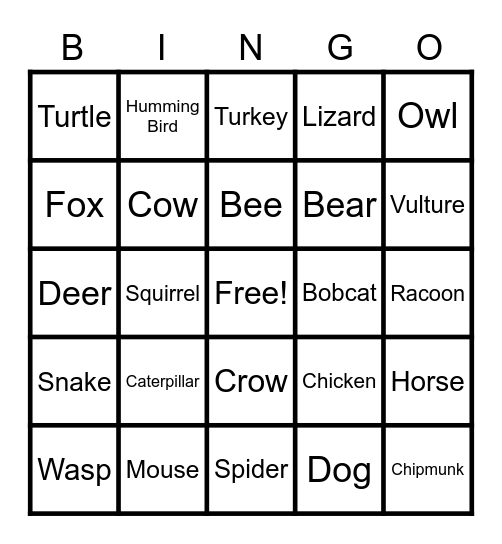 Cabin Creatures Bingo Card