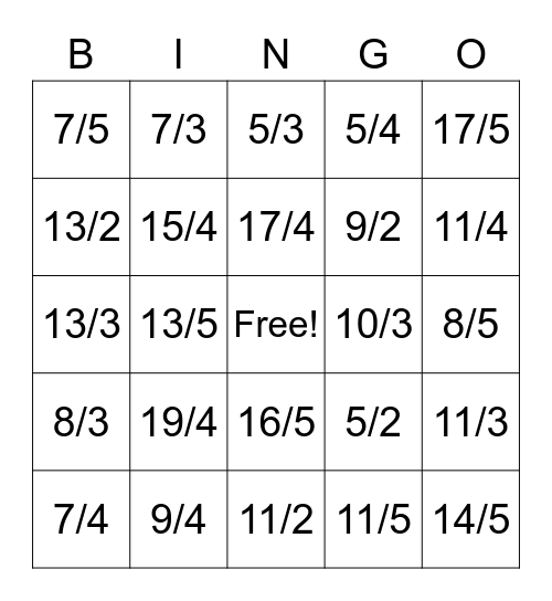 Mixed Numbers Bingo Card