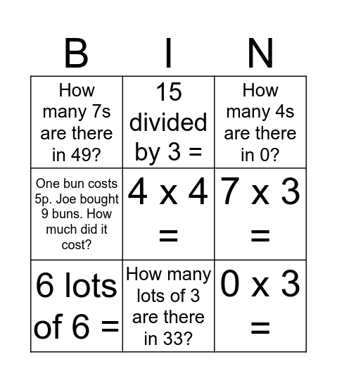 Mixed Multiplication Bingo Card