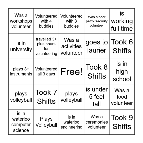 HTN Volunteer Bingo Card