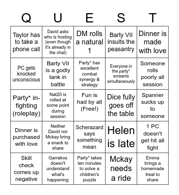 D&D Party* Bingo Card