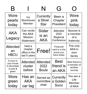 Alpha Kappa Alpha Cluster Bingo Card
