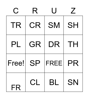 Consonant Blends & Diagraphs Bingo Card