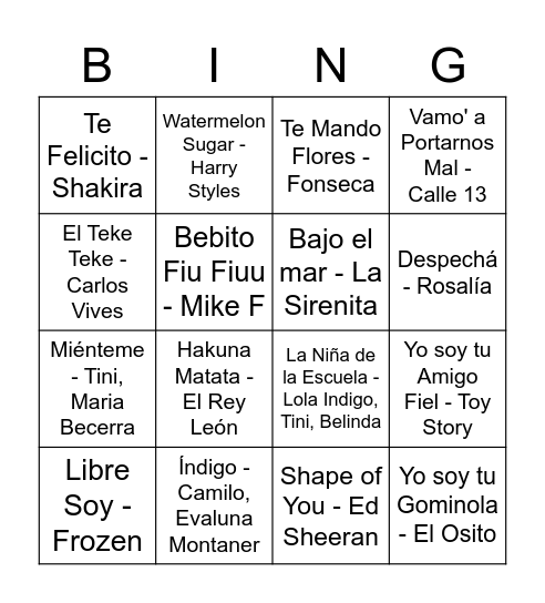 Canciones Bingo Card