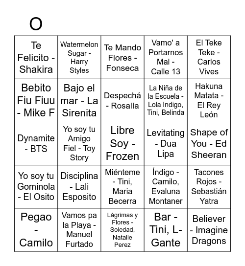 Canciones Bingo Card