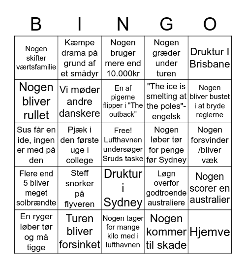 Tur til Australien Bingo Card