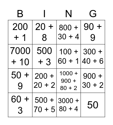 Expanded Form Place Value Bingo Card