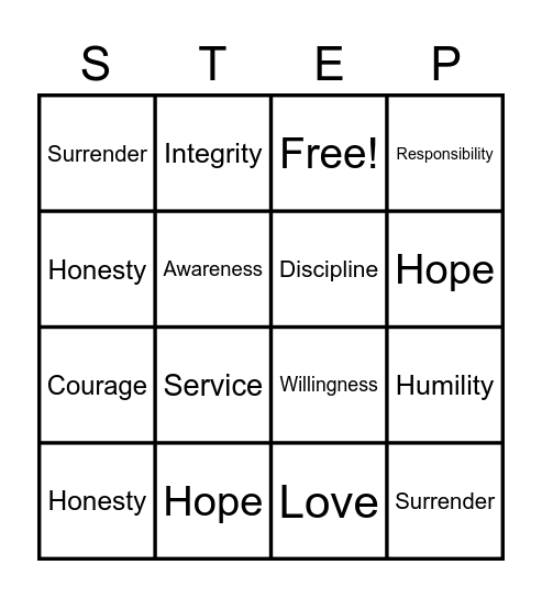 12 Step Values Bingo Card