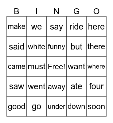 Practice  for Dolch Bingo Card