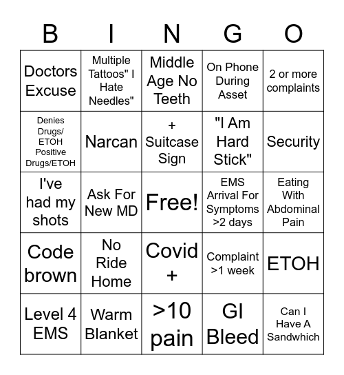 ER Bingo Card