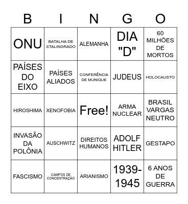 BINGO SEGUNDA GUERRA MUNDIAL E REGIMES TOTALITÁRIOS Bingo Card