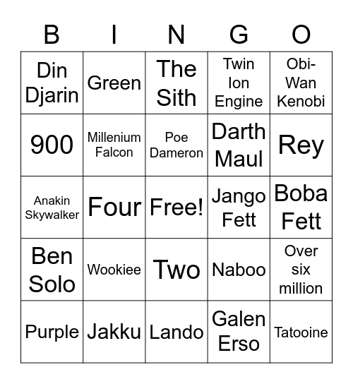 Corrine's Birthday Star Wars Trivia Bingo Card