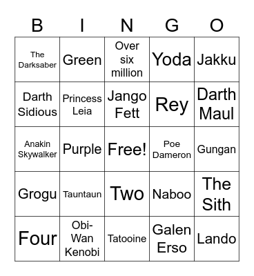 Corrine's Birthday Star Wars Trivia Bingo Card