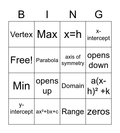 Quadratic Fuction Bingo Card