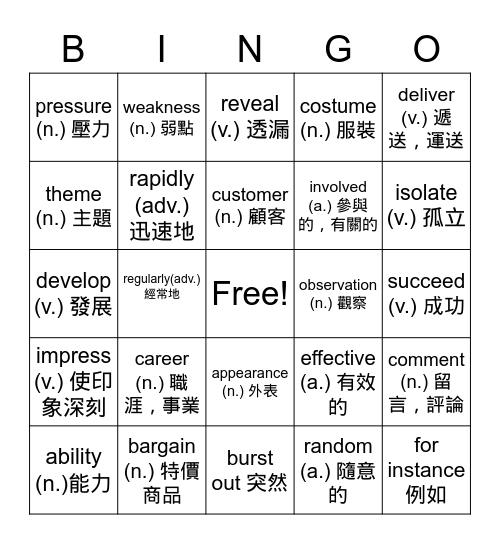 B2 Review Bingo Card