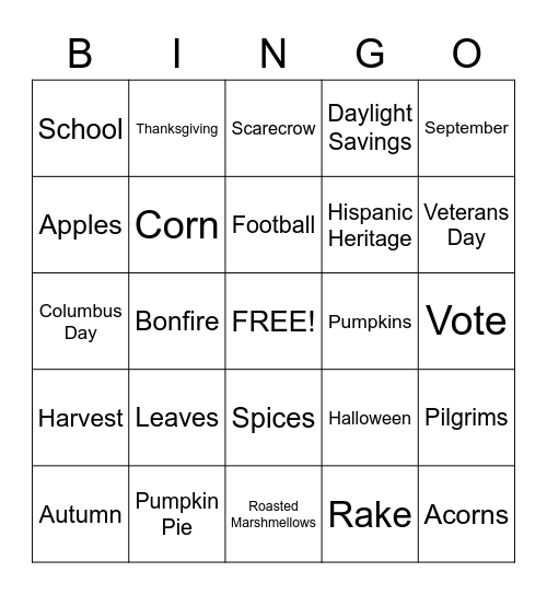 Fall Bingo Card