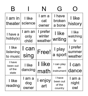 1st day bingo Card