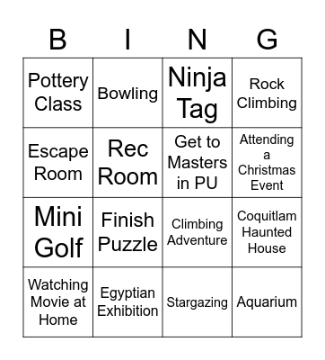 Activities Bingo Card